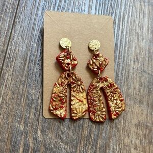 Handmade Red & Gold Floral Arch Drop Polymer Clay Earrings - Women Jewelry